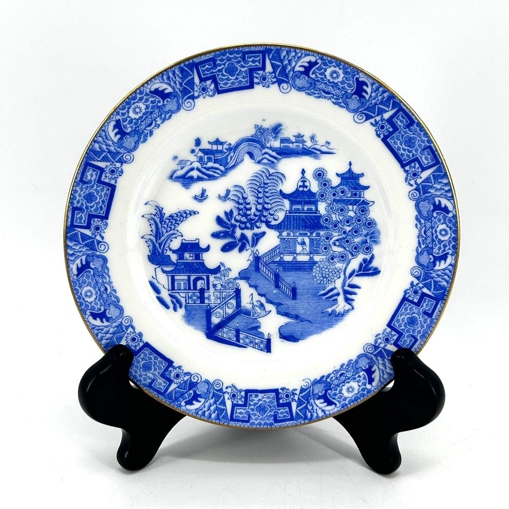 Royal Worcester Blue Willow Dessert Plate English China Pagoda Gold Rim 7" VTG